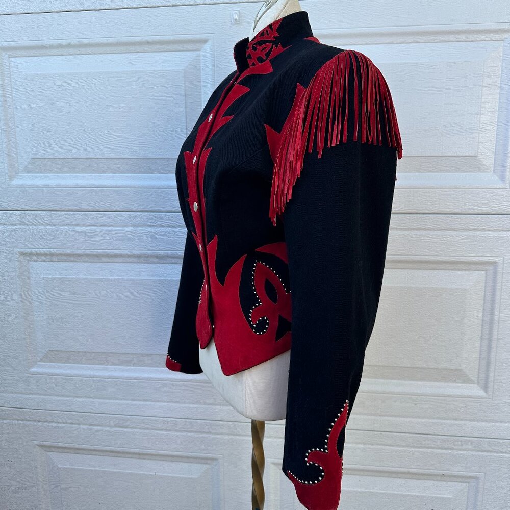 Vtg Western Suede Jacket Coat Tassels Fringe Red Black Corduroy Diamonds Leather - Picture 10 of 15